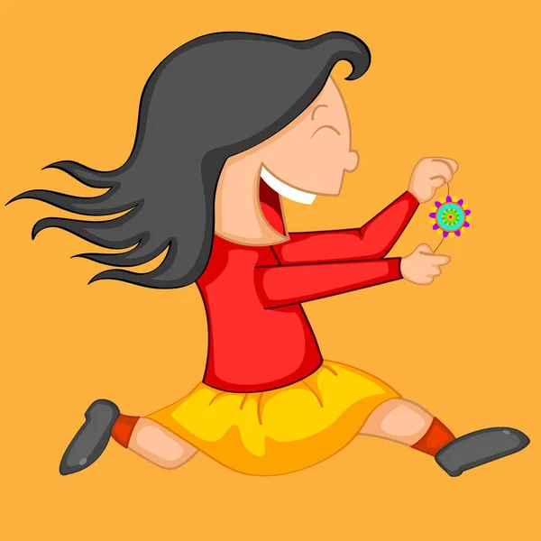Joyeuse Fille Courir Avec Bracelet Pendant Raksha Bandhan — Image vectorielle