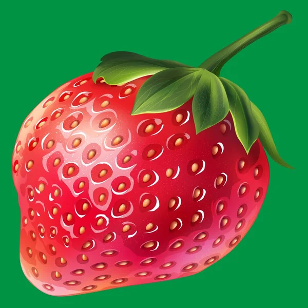 Κόκκινη Ώριμη Ρεαλιστική Φράουλα Πράσινο Φόντο — Διανυσματικό Αρχείο