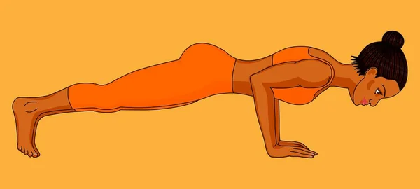 Mujer Uniforme Naranja Haciendo Tablón Yoga — Vector de stock