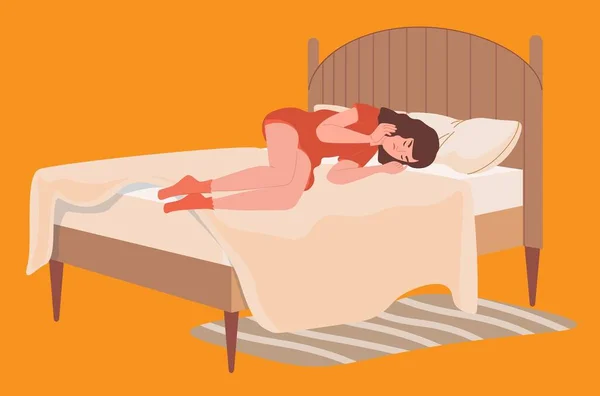 Kırmızı Elbiseli Kadın Yatağa Uzanıyor Uyuyor — Stok Vektör
