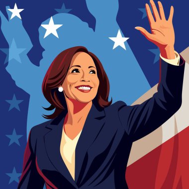 kamala harris raises hand in front of flag clipart