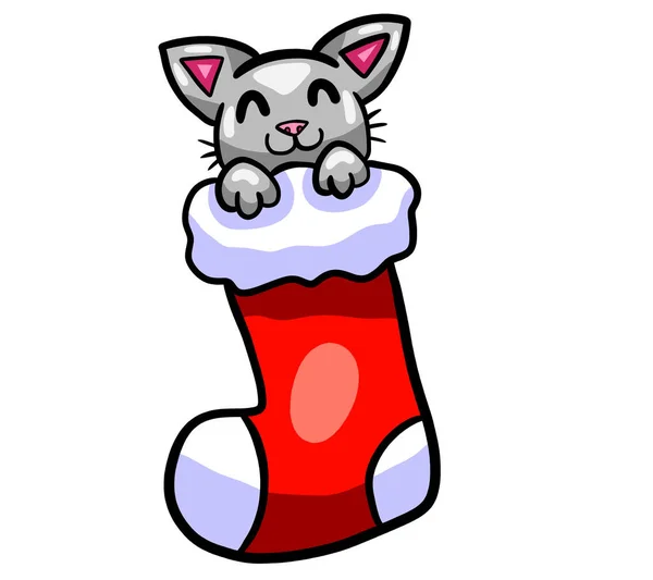 Illustrazione Digitale Adorabile Gatto Che Nasconde Una Calza Natalizia — Foto Stock