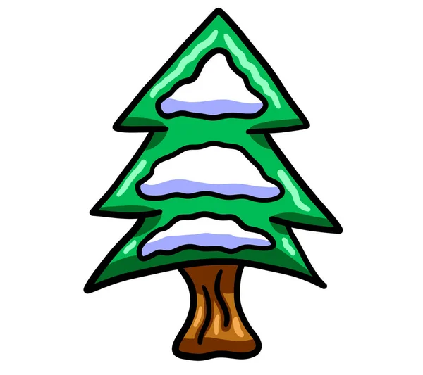 Digital illustration of a cartoon Christmas tree covered in snow