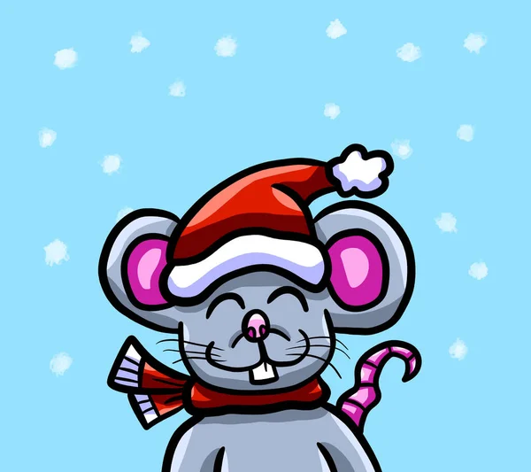 Digital illustration of a Happy Christmas card with a happy little mouse