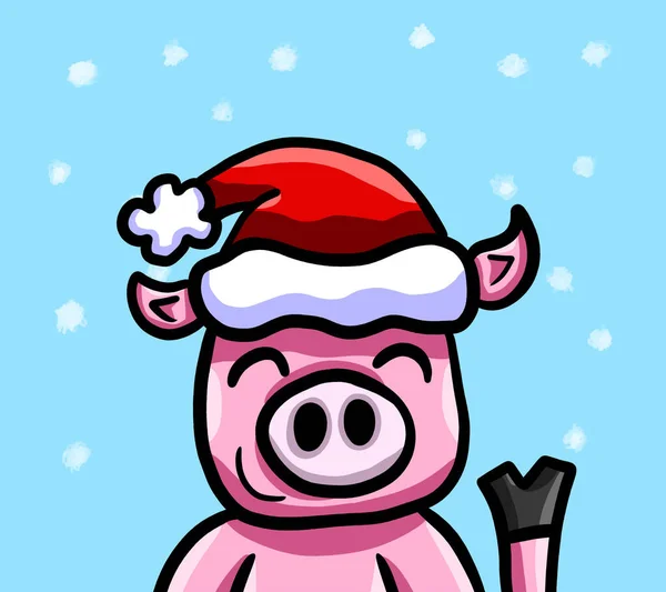 Digital illustration of a Happy Christmas Card with a little happy pig