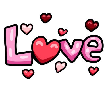 Digital illustration of a cartoon love sign with colorful hearts