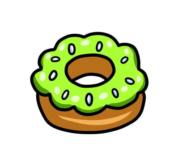 Digital illustration of a cartoon yummy green donut