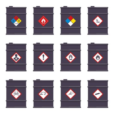 Set of icon chemical barrels with NFPA hazard pictogram symbols clipart