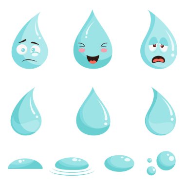 İzole edilmiş mavi su damlası ya da yağmur damlası simgesi simgesi seti. 