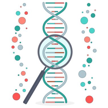 Beyaz arka planda DNA ve büyüteç. Düz biçimli vektör illüstrasyonu.