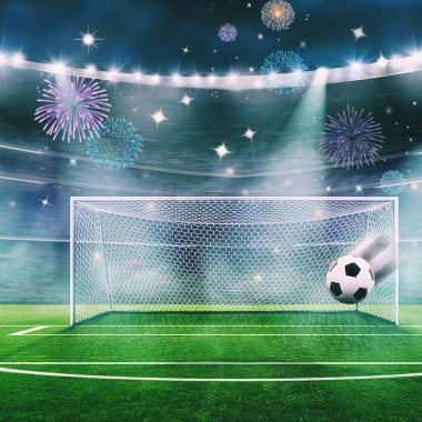 Futbol stadyumu. Futbol topu kaleye doğru gidiyor. Dijital sanat.