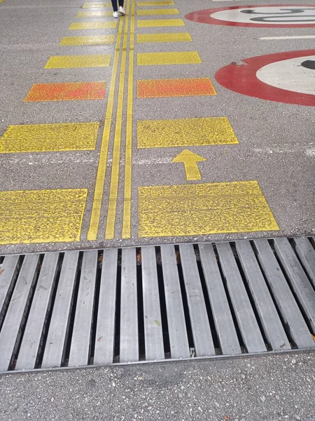 Pedestrian crossing lines, channel grids and speed limit sign. A person crossing across.