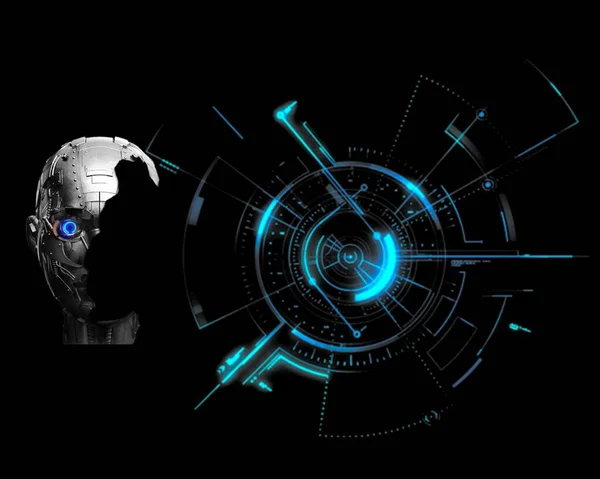 Half robot face and blue lights. Technology design.