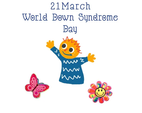 21 March World Down Syndrome Day. Happy boy, butterfly, colorful flower.