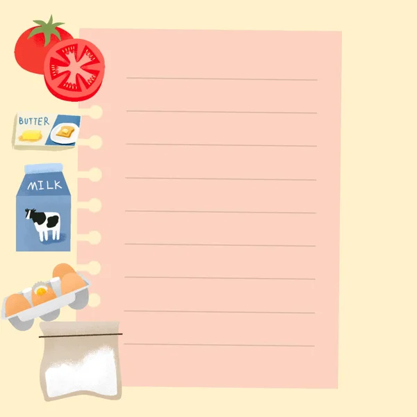 Zdjęcia Pomidorów Mleka Jaj Masła Mąki Lista Żywności Składniki Ilustracja — Zdjęcie stockowe