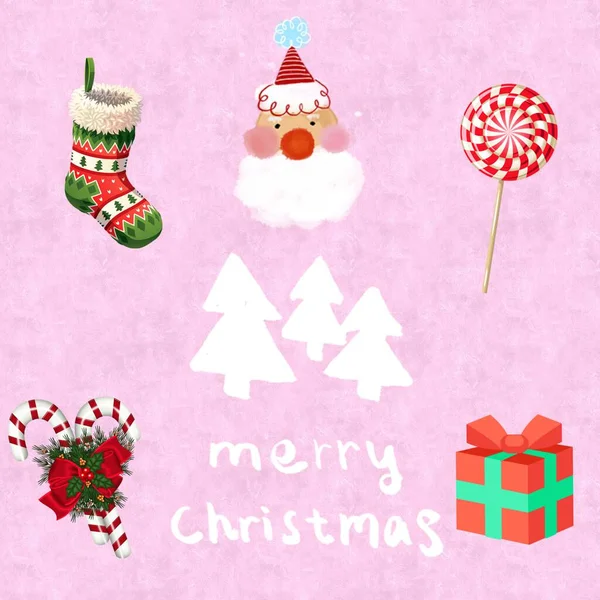 Merry Christmas Concept Santa Face Candies Gift Pink Background — Stock Photo, Image