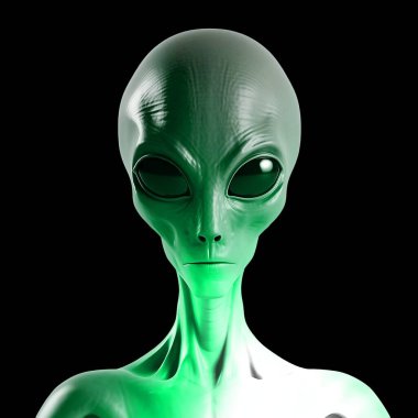 Siyah arka planda yeşil derili bir uzaylının 3 boyutlu görüntüsü..