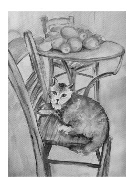 Elle çizilmiş suluboya kedi çizimi sandalyede limonlu oturuyor, resim sanatı..