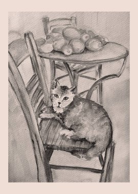 Elle çizilmiş suluboya kedi çizimi sandalyede limonlu oturuyor, resim sanatı..