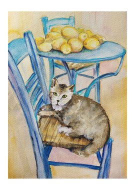 Elle çizilmiş suluboya kedi çizimi sandalyede limonlu oturuyor, resim sanatı..