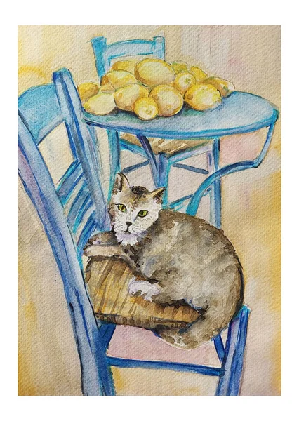 Elle çizilmiş suluboya kedi çizimi sandalyede limonlu oturuyor, resim sanatı..