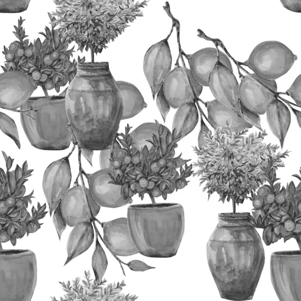 Ręcznie Rysowane Akwarela Rysunek Drzewa Cytrynowego Puli Ilustracja Art Seamless — Zdjęcie stockowe