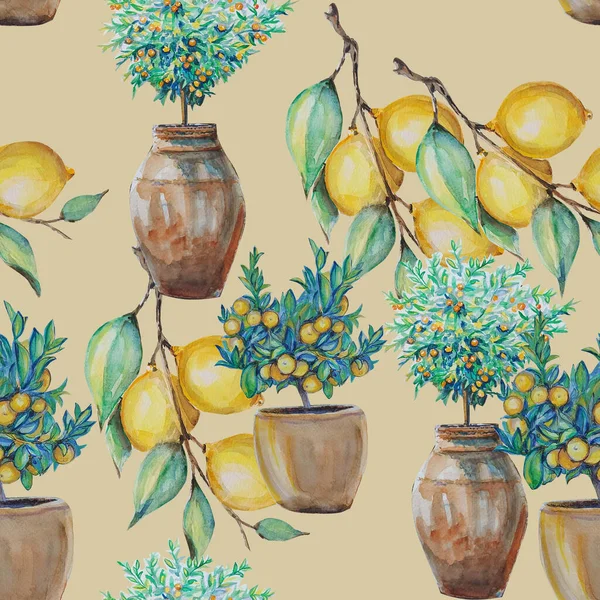 ポットにレモンの木の手描き水彩画 イラストアート シームレスなパターン背景 — ストック写真