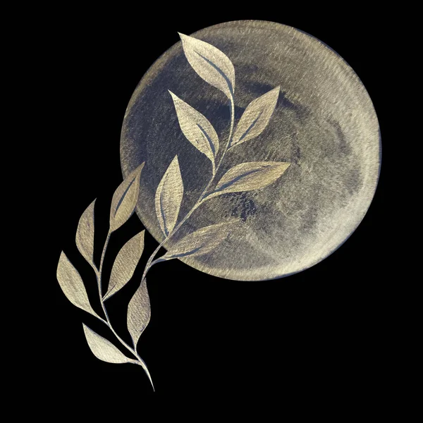 Ręcznie Rysowany Akwarelowy Rysunek Księżyca Liściem Ilustracja Sztuki — Zdjęcie stockowe