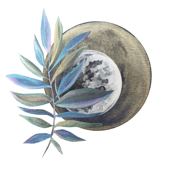 Ручное Рисование Луны Акварелью Листом Иллюстрационное Искусство — стоковое фото
