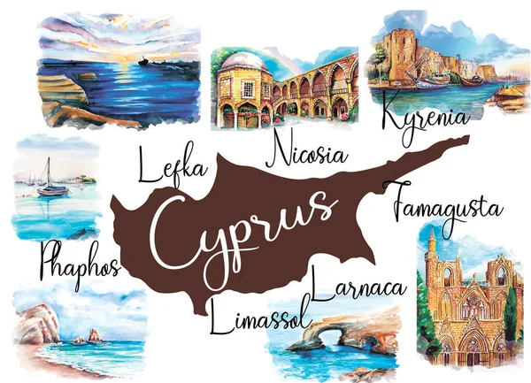 Set Acquerello Disegnato Mano Arte Punti Riferimento Cipro — Vettoriale Stock