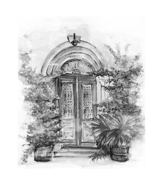 Eski kapının suluboya resmi, resim çizimi