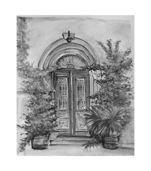 Watercolor Painting Old Door Art Illustration — Stock Photo, Image