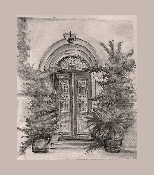 Акварельний Живопис Старих Дверей Художня Ілюстрація — стокове фото