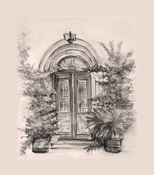 Watercolor Painting Old Door Art Illustration — Stock Photo, Image