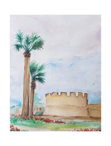 Watercolor Rajz Művészet Ciprus Mérföldkő — Stock Fotó