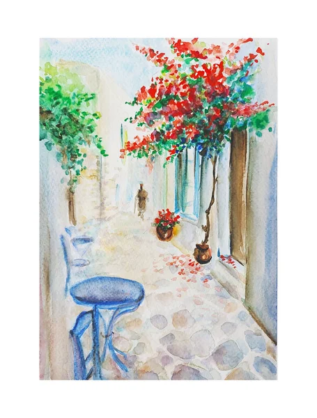 Watercolor Drawing Art Cyprus Old Street — Stock Photo, Image