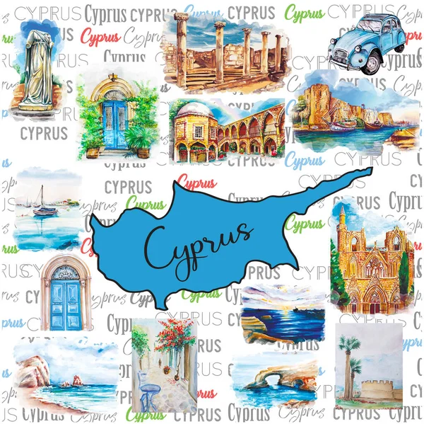 Set Acquerello Disegnato Mano Arte Punti Riferimento Cipro — Foto Stock
