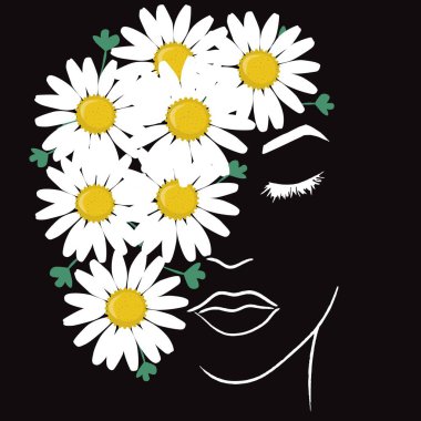 Güzel bir el çizimi kadın yüzü papatya çiçeğiyle