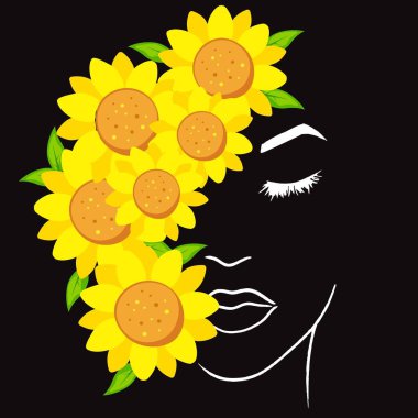 Güzel bir el çizimi kadın yüzü ayçiçeğiyle