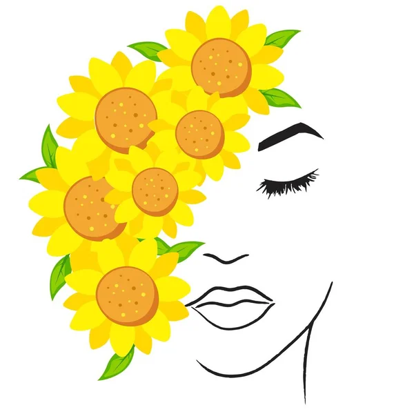 Beautiful Hand Drawn Line Woman Face Sunflower — Stock Vector