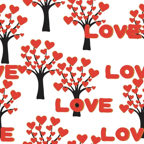 Tree Red Hearts Vector Seamless Pattern — Stock Vector
