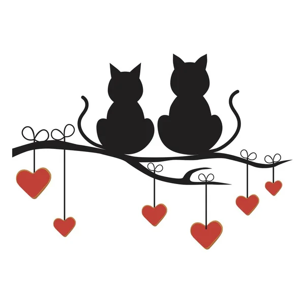 Twee Katten Zitten Tree Branch Met Harten Vector Illustratie Art — Stockvector