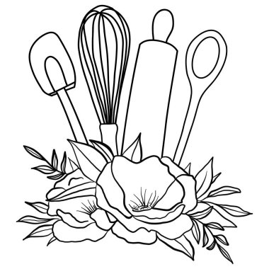 Elle çizilmiş mutfak malzemeleri ve çiçekler. Vektör illüstrasyon sanatı.