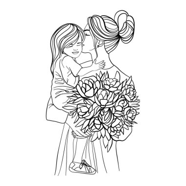 Anne ve kızı bir buket lale ile