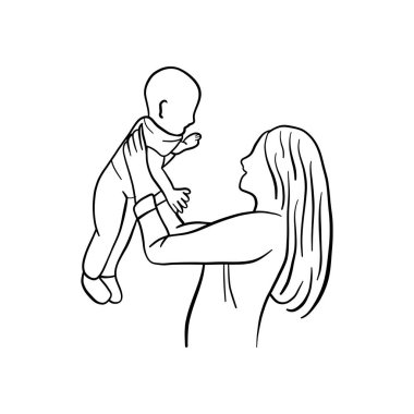 Anne oğlunu elinde tutuyor. Taslak çizimi. vektör çizimi çizimi