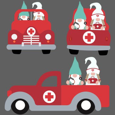 Ambulans arabalı şirin çizgi film cüceleri, Vektör illüstrasyonu