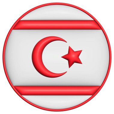 Beyaz arkaplanda izole edilmiş bir daire düğmesi üzerinde Kuzey cypus bayrağının 3 boyutlu görüntülenmesi