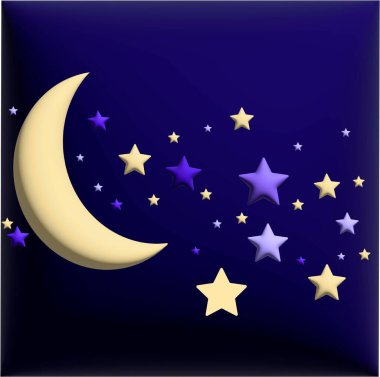 Yıldızlı gece gökyüzü, ay ve ay, 3 boyutlu illüstrasyon