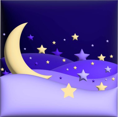 Yıldızlı gece gökyüzü, ay ve ay, 3 boyutlu illüstrasyon