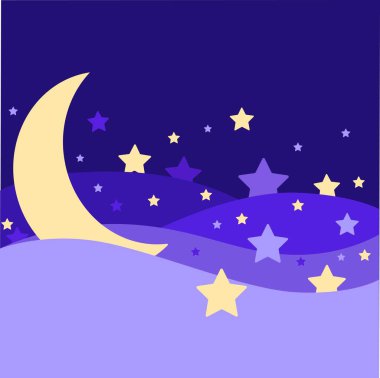 Yıldızlı gece gökyüzü, ay ve ay, vektör illüstrasyonu